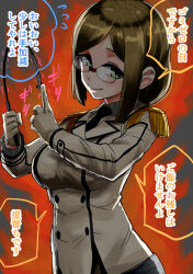 1girl brown_hair buttons commentary_request double-breasted epaulettes folded_ponytail glasses green_eyes highres kantai_collection katori_(kancolle) long_hair looking_at_viewer military_uniform nekotarou_(nktr299) red_background riding_crop solo translation_request upper_body