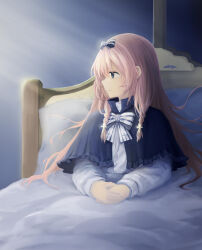 1girl bed_frame blanket blue_bow blue_bowtie blue_capelet blue_eyes bow bowtie braid capelet dappled_sunlight dress_shirt facing_to_the_side facing_viewer gamerists harpae highres indoors interlocked_fingers leaning_back light_rays long_bangs long_hair looking_to_the_side low_twin_braids on_bed own_hands_together pillow pink_hair pocket_mirror popped_collar shirt striped_bow sunlight turning_head twin_braids under_covers white_bow white_shirt