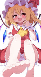 1girl ascot barefoot blonde_hair blush commentary_request crystal fang feet flandre_scarlet foot_out_of_frame foot_up frilled_skirt frills g4ku hair_between_eyes hand_to_own_mouth hat hat_ribbon heart heart-shaped_pupils highres knees_up long_hair looking_at_viewer miniskirt mob_cap open_mouth paid_reward_available panties pantyshot presenting_foot puffy_short_sleeves puffy_sleeves red_eyes red_skirt red_vest ribbon short_sleeves sitting skirt skirt_set smile soles solo striped_clothes striped_panties symbol-shaped_pupils toes touhou underwear vest white_wrist_cuffs wrist_cuffs yellow_ascot