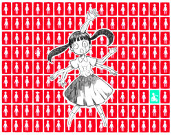 1girl 6_9 bicycle border commentary_request extra_arms full_body greyscale_with_colored_background long_hair madotsuki melting_eyes monoko riding riding_bicycle sasatsuka_(hasamimushi) short_sleeves skirt socks solo toriningen twintails white_border yume_nikki