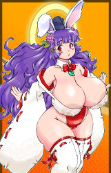 1girl :&lt; absurdres animal_ears areola_slip bare_shoulders blunt_bangs blush bow bowtie breasts chinese_zodiac covered_erect_nipples curvy fake_animal_ears flower hair_flower hair_ornament hairpin highres huge_breasts japanese_clothes large_areolae long_hair lotus multiple_hairpins navel new_year nipples nontraditional_miko nontraditional_playboy_bunny orange_background original outstretched_arms plump purple_hair rabbit_girl red_eyes sagging_breasts see-through_clothes sidelocks skindentation tatara-nankaisuigou thick_thighs thighhighs thighs very_long_hair wavy_hair wide_hips wide_sleeves year_of_the_rabbit