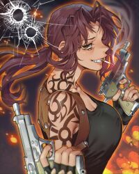 1girl arm_tattoo bare_shoulders black_lagoon breasts bullet_hole cigarette fingerless_gloves from_side gloves gun hanahide_x2 highres large_breasts long_hair ponytail purple_hair revy_(black_lagoon) sleeveless tattoo teeth weapon