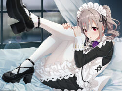 curly_hair grey_hair highres hmax idolmaster idolmaster_cinderella_girls idolmaster_cinderella_girls_starlight_stage kanzaki_ranko lolita_fashion maid mary_janes pantyhose red_eyes shoes twintails white_pantyhose