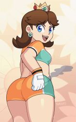 1girl :d ass ass_focus blue_eyes brown_hair crown daisy&#039;s_hot_stuff_(meme) earrings flower_earrings fume highres huge_ass jewelry legs looking_back looking_back mario_(series) mario_strikers_(series) nintendo open_mouth orange_shirt orange_shorts princess princess_daisy shirt shorts smile soccer_uniform sportswear standing super_mario_strikers tomboy tounching_own_ass yamouri