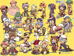 4boys 6+girls :3 alchemist_(ragnarok_online) amistr_(ragnarok_online) animal animal_ears animal_on_head armor armored_boots assassin_cross_(ragnarok_online) baseball_bat bicorne black_blindfold black_cat black_hair blindfold blonde_hair blue_hair boots bow bread bread_slice breastplate brown_boots brown_cape brown_dress brown_hair brown_shirt brown_skirt brown_vest cape cat cat_on_head champion_(ragnarok_online) chibi chibi_only closed_eyes closed_mouth clown_(ragnarok_online) coat commentary_request dress fake_animal_ears flower flower_in_mouth food food_in_mouth full_body giving_up_the_ghost green_hat grey_dress grey_hair hair_bow hat high_priest_(ragnarok_online) high_wizard_(ragnarok_online) hunter_(ragnarok_online) instrument knight_(ragnarok_online) lady_solace long_hair looking_at_another looking_at_viewer lord_knight_(ragnarok_online) lunatic_(ragnarok_online) lute_(instrument) mage_(ragnarok_online) medium_hair monk_(ragnarok_online) mouth_hold multiple_boys multiple_girls music nail nail_(hardware) nail_bat on_head one_eye_closed open_mouth pink_bow pink_dress pink_hair playing_instrument pointy_ears priest_(ragnarok_online) professor_(ragnarok_online) puiko_(rivulet_brook) purple_dress purple_hair rabbit rabbit_ears ragnarok_online red_flower red_hat red_rose rogue_(ragnarok_online) rose sheep shirt short_hair simple_background sitting skirt sleeping smile smoking_pipe standing star_gladiator_(ragnarok_online) tam_(ragnarok_online) toast toast_in_mouth vest wedding_dress white_blindfold white_coat white_flower white_hair white_hat whitesmith_(ragnarok_online) witch_hat wizard_(ragnarok_online) yellow_background