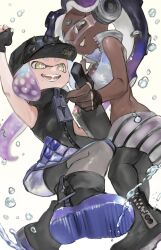 2girls ankle_boots arm_up bare_shoulders baseball_cap black_dress black_footwear black_gloves black_hair black_hat black_pantyhose black_shorts blue_eyes boots breasts cephalopod_eyes cleavage clenched_hand crop_top dark-skinned_female dark_skin dress fangs fingerless_gloves furrowed_brow ga4me4 gloves gradient_hair grin hat headphones highres holding holding_instrument holographic_clothing horizontal_pupils inkling instrument keytar long_hair marina_(splatoon) marina_(summer_nights)_(splatoon) medium_breasts medium_hair midriff mole mole_under_mouth multicolored_hair multiple_girls nintendo octoling official_alternate_costume open_mouth pantyhose pantyhose_under_shorts pearl_(splatoon) pearl_(summer_nights)_(splatoon) pink_hair purple_hair red_pupils shirt shorts shorts_under_dress sleeveless sleeveless_dress smile splatoon_(series) splatoon_3 star-shaped_pupils star_(symbol) striped_clothes striped_shorts suction_cups symbol-shaped_pupils tentacle_hair thick_eyebrows two-tone_hair water_drop white_hair white_shirt white_shorts yellow_eyes zipper zipper_pull_tab