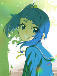 1girl asymmetrical_bangs blue_eyes blue_hair blue_jacket blue_sailor_collar blue_shirt bow cut_bangs day floating_hair from_side grin hair_bow haruru_(dontacocon) hirogaru_sky!_precure jacket looking_at_viewer medium_hair outdoors precure profile sailor_collar school_uniform shirt side_ponytail sidelighting sidelocks single_sidelock smile solo sora_harewataru sorashido_academy_school_uniform sunlight upper_body wind yellow_bow