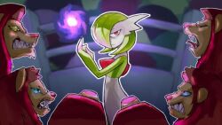 blue_eyes bob_cut colored_skin dress energy_ball fangs gardevoir gen_3_pokemon green_hair green_skin hair_over_one_eye half-closed_eyes lion multicolored_skin nintendo pink_eyes pokemon pokemon_(creature) red_fur second-party_source somethinginworl two-tone_skin white_dress white_skin yellow_eyes