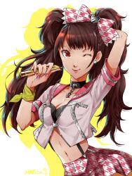 1girl arm_up artist_name black_bra black_choker bow bra breasts brown_hair choker cleavage collarbone cowboy_shot crop_top earrings eyelashes hair_bow highres holding jewelry kujikawa_rise long_hair looking_at_viewer maxrise_s medium_breasts nail_polish navel one_eye_closed persona persona_4 pink_bow pink_nails pink_sailor_collar pink_shirt pink_skirt pleated_skirt print_skirt red_eyes sailor_collar shadow shirt short_sleeves signature skirt smile solo stomach stud_earrings twintails underwear very_long_hair