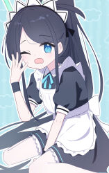 1girl absurdly_long_hair apron aris_(blue_archive) aris_(maid)_(blue_archive) black_dress black_hair blue_archive blue_eyes commentary dress green_halo halo hand_on_own_face highres long_hair looking_at_viewer maid_apron maid_headdress official_alternate_costume official_alternate_hairstyle one_eye_closed pantyhose ponytail sitting sleepy solo symbol-only_commentary tearing_up unoi very_long_hair wariza white_pantyhose