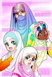 4girls adjusting_eyewear artist_name blonde_hair blue_eyes blue_hijab brown_eyes clothes_writing colored_eyelashes commentary_request dark-skinned_female dark_skin english_text eyewear_on_head freckles glasses gold_trim highres hijab looking_at_viewer mixed-language_text multilingual_text multiple_girls nayzak open_mouth original smile sunglasses watermark white_hijab yellow_hijab