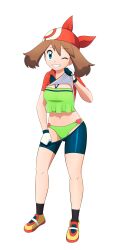 Rule 34 | 1girl, absurdres, bikini, blue eyes, breasts, brown hair, green bikini, highres, legs, looking at viewer, may (pokemon), medium breasts, midriff, nintendo, official alternate costume, one eye closed, pokemon, pokemon (anime), pokemon ag020, pokemon rse (anime), smile, swimsuit, thighs, toadd95, undressing, wink