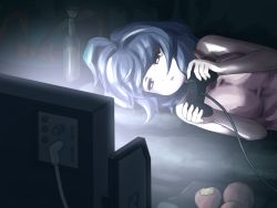1girl bad_id bad_pixiv_id blue_hair bottle breasts breasts_squeezed_together controller female_focus food fruit game_console game_controller hat large_breasts lying nagae_iku on_side peach playing_games playstation_2 red_eyes shirosato slice_of_life solo television touhou unworn_hat unworn_headwear