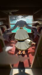 absurdres boots capelet day earrings elf facing_away floating_earrings fog frieren from_above from_behind hashtag-only_commentary highres indoors jewelry long_hair magic ocean parted_bangs pointy_ears sousou_no_frieren sunlight takoyoomi teardrop_earrings teleportation train train_interior twintails white_capelet white_hair window