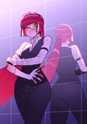 1girl absurdres alternate_costume alternate_hairstyle black_pants black_vest butler calypso_(last_origin) clawed_gauntlets collared_shirt dc_(makezzal) female_butler highres last_origin long_hair long_sleeves looking_at_viewer low_ponytail mirror monocle multicolored_hair narrow_waist pants ponytail red_hair shirt solo two-tone_hair very_long_hair vest white_hair wide_hips yellow_eyes