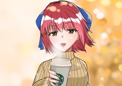Rule 34 | absurdres, blue bow, bow, breasts, cup, disposable coffee cup, disposable cup, hair bow, highres, holding, holding cup, kohaku (tsukihime), long sleeves, looking at viewer, maid headdress, manaty sw, medium breasts, open mouth, red hair, ribbon, short hair, smile, solo, starbucks, steam, sweater, tsukihime, turtleneck, turtleneck sweater, yellow eyes