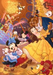 2girls 6+boys beast_(disney) beauty_and_the_beast_(disney) belle_(disney) brown_eyes brown_hair chip_potts cogsworth donald_duck dress earrings gloves goofy highres jewelry long_hair looking_at_viewer lumiere_(disney) mickey_mouse mickey_mouse_&amp;_friends minnie_mouse mrs._potts multiple_boys multiple_girls pluto_(disney) ponytail short_hair smile takatmaorange yellow_dress