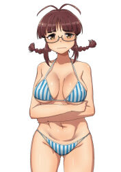 1girl akizuki_ritsuko antenna_hair arms_under_breasts bikini blush braid breasts brown_eyes brown_hair chiaki_rakutarou closed_mouth cowboy_shot glasses gluteal_fold highres idolmaster idolmaster_(classic) large_breasts looking_at_viewer navel semi-rimless_eyewear simple_background solo standing strap_gap string_bikini striped_bikini striped_clothes swimsuit twin_braids under-rim_eyewear white_background
