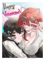 1boy 1girl black_hair breasts bright_pupils cleavage eyewear_on_head gloves hair_down happy_valentine highres male_rover_(wuthering_waves) purple_eyes round_eyewear rover_(wuthering_waves) ryuujindn selfie v wuthering_waves yellow_eyes yinlin_(wuthering_waves)