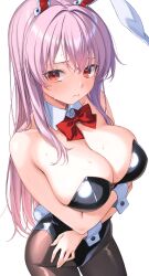 Rule 34 | 1girl, absurdres, animal ears, arms under breasts, black leotard, black pantyhose, bow, bowtie, breasts, cleavage, closed mouth, cowboy shot, detached collar, highres, large breasts, leotard, long hair, looking at viewer, nameko houshi, pantyhose, pink hair, playboy bunny, rabbit ears, rabbit girl, rabbit tail, red bow, red bowtie, red eyes, reisen udongein inaba, simple background, solo, strapless, strapless leotard, tail, touhou, very long hair, white background, wrist cuffs