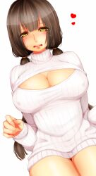 black_hair blunt_bangs blush breasts brown_eyes cleavage cleavage_cutout clothing_cutout heart ii_naotora large_breasts long_hair meme_attire sengoku_musou sweater thighs twintails virgin_killer_sweater