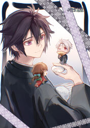 1girl 2boys alternate_costume black_hair brown_hair closed_mouth commentary_request crow_armbrust cup eiyuu_densetsu folding_fan hair_between_eyes hand_fan haori headband highres holding holding_cup holding_fan japanese_clothes long_hair mini_person miniboy minigirl multiple_boys one_eye_closed purple_eyes rean_schwarzer red_eyes sakazuki sen_no_kiseki_(series) smile towa_herschel white_hair white_headband willfin