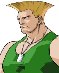 1boy absurdres bengus blonde_hair blue_eyes dog_tags flattop frown game_cg green_tank_top guile highres male_focus muscular muscular_male non-web_source official_art simple_background solo street_fighter street_fighter_zero_(series) tank_top white_background