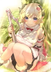 1girl against_tree ahoge animal_ears arm_support bare_shoulders black_boots black_skirt blonde_hair blush boots bow bowtie breasts brooch cape closed_mouth dappled_sunlight detached_sleeves dress fur-trimmed_boots fur-trimmed_cape fur-trimmed_dress fur-trimmed_sleeves fur_trim hair_ornament hairclip half_up_braid half_updo harp hashtag-only_commentary highres holding holding_harp holding_instrument hololive horns instrument jewelry large_breasts light_rays long_hair looking_at_viewer miniskirt nanashi_younashi outdoors pink_cape pleated_skirt purple_eyes red_bow red_bowtie sheep_ears sheep_girl sheep_horns shirt_under_dress short_dress sitting skirt sleeveless sleeveless_dress smile solo sunbeam sunlight tree tsunomaki_watame tsunomaki_watame_(1st_costume) two-sided_cape two-sided_fabric very_long_hair virtual_youtuber white_dress