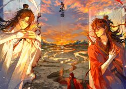 2boys absurdres artist_request bandaged_arm bandages bird black_hair black_hanfu blood blood_on_face brown_hair burned_paper burnt chinese_clothes chinese_commentary closed_mouth clothes_grab cloud cloudy_sky coat commission dao_gui_yi_xian dusk floating_hair grey_eyes hair_between_eyes hair_bun hair_ornament hair_ribbon hair_stick half_updo hanfu highres li_huowang long_hair long_sleeves looking_at_another male_focus messy_hair mountain mountainous_horizon multiple_boys multiple_views outdoors own_hands_together paintbrush_hair_ornament paper parted_lips red_coat red_eyes red_ribbon red_robe ribbon ribboned_xiao_guan river robe scar scar_on_arm second-party_source shoulder_belt single_hair_bun sitting sky smile standing sunset sword sword_on_back sword_tassel tassel upper_body water weapon weapon_on_back white_hanfu white_ribbon white_robe wide_sleeves wind xiao_guan_(headdress) yaoi zhuge_yuan