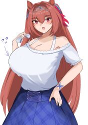 1girl absurdres animal_ears blush breasts brown_hair daiwa_scarlet_(umamusume) edelweiss17701 framed_breasts hair_ornament highres horse_ears horse_girl huge_breasts large_breasts long_hair looking_at_viewer open_mouth pixiv simple_background solo tiara twintails umamusume very_long_hair