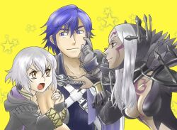 1boy 2girls artist_request aversa_(fire_emblem) blue_eyes blue_hair breasts chrom_(fire_emblem) cleavage dark-skinned_female dark_skin face_mask facial_mark female_robin_(fire_emblem) fire_emblem fire_emblem_awakening mask matching_hair/eyes medium_breasts multiple_girls nintendo no_bra official_alternate_hair_color official_alternate_hairstyle short_hair star_(symbol) star_print tagme tattoo white_hair yellow_eyes