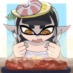 black_hair callie_(splatoon) callie_(summer_nights)_(splatoon) drooling food food_on_head fork fruit highres holding holding_fork holding_knife knife lemon lemon_slice looking_at_food nintendo object_on_head official_alternate_costume official_alternate_hairstyle splatoon_(series) splatoon_3 steak tentacle_hair ureru
