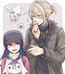 1boy 1girl blonde_hair blue_eyes blue_hair commentary_request dawn_(pokemon) game_freak gen_2_pokemon gen_4_pokemon hand_on_own_face hat highres jacket jewelry looking_up necklace nintendo official_alternate_costume open_clothes open_jacket piplup pokemon pokemon_dppt pokemon_legends:_arceus rigu_(aiide) scarf sidelocks smile spoken_squiggle squiggle sweatdrop togetic turtleneck volo_(pokemon) winter_clothes