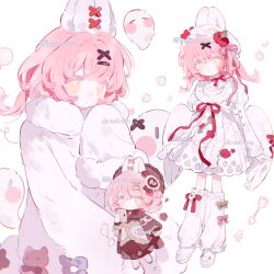1girl animal_ears bow chibi dress flower frills full_body hair_bow hair_ornament highres long_sleeves memuro multiple_views original pink_hair rabbit_ears ribbon twitter_username white_background white_dress