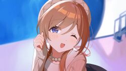 :d beret blue_eyes blurry blurry_background brown_hair brown_hat brown_nails clenched_hand dot_nose gakuen_idolmaster hair_between_eyes hand_up hat himesaki_rinami idolmaster jewelry kamin_(monemasu) long_hair long_sleeves looking_at_viewer nail_polish necklace one_eye_closed open_mouth pearl_necklace smile straight_hair tareme upper_body