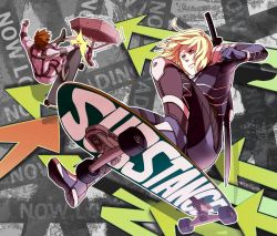 2boys bad_id bad_pixiv_id blonde_hair bodysuit brown_hair headband katana knee_pads kurosu male_focus metal_gear_(series) metal_gear_solid metal_gear_solid_2:_sons_of_liberty mullet multiple_boys over_shoulder raiden_(metal_gear) scabbard sheath skateboard skateboarding sneaking_suit solid_snake sword weapon weapon_over_shoulder
