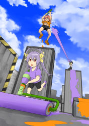 1boy 2girls antenna_hair bike_shorts black_hair cloud cloudy_sky crossover day from_below glasses hair_ribbon jumping koshigaya_natsumi koshigaya_suguru long_hair long_sleeves maco_(yamamac) midriff miyauchi_renge multiple_girls navel nintendo non_non_biyori open_mouth orange_hair paint_roller pants purple_hair red_eyes ribbon short_hair short_sleeves sky smile splat_roller_(splatoon) splatoon_(series) splatoon_1 splattershot_(splatoon) triangle_mouth twintails
