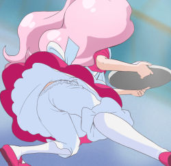 1girl ass bloomers female_focus from_behind go!_princess_precure haruyama_kazunori long_hair pantyhose personification pink_hair pink_shoes precure puff_(go!_princess_precure) puff_(go!_princess_precure)_(human) shoes solo tray twintails underwear upskirt white_bloomers white_pantyhose