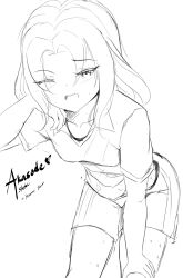 akasode_matsuri_(inazuma_eleven) character_name inazuma_(kancolle) medium_hair o7fian one_eye_closed raimon raimon_soccer_uniform shirt shorts sidelocks sketch soccer_uniform sportswear sweat unfinished