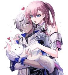 1boy 1girl arlan_(honkai:_star_rail) armpits asta_(honkai:_star_rail) bbing blue_eyes braid couple dark-skinned_male dark_skin detached_sleeves dog gloves hair_ornament hair_over_one_eye hairpin heart height_difference hetero highres honkai:_star_rail honkai_(series) open_mouth peppy_(honkai:_star_rail) pink_eyes pink_hair short_hair simple_background single_braid upper_body white_background white_dog white_gloves white_hair