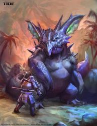 1boy armor commentary creature eye_contact gen_1_pokemon highres horns legs_apart leomelodica looking_at_another male_focus nidoking nintendo original outdoors palm_tree pokemon pokemon_(creature) realistic rock samurai sheath sheathed size_difference standing sword tree weapon