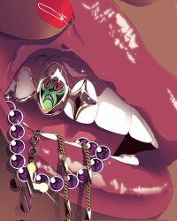 Rule 34 | 1other, colored sclera, colored skin, cross, green skin, hand to own mouth, highres, itsblyssbby, mojo jojo, nail polish, open mouth, pink nails, pink sclera, powerpuff girls, solo, tagme, teeth