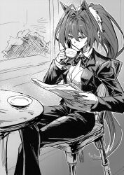 Rule 34 | 1girl, animal ears, butler, chair, crossed legs, cup, daiwa scarlet (umamusume), greyscale, hair intakes, high ponytail, highres, holding, holding cup, holding paper, horse ears, horse girl, horse tail, karate (karatedazey), monochrome, official alternate hairstyle, paper, ponytail, reading, sitting, solo, tail, umamusume