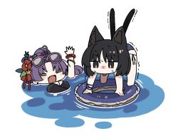 2girls animal_ear_fluff animal_ears bikini black_bikini black_eyes blue_archive blue_bikini blunt_bangs bracelet breasts cat_ears cat_tail chibi cleavage commentary eyewear_on_head feral_instincts highres innertube jewelry kikyou_(blue_archive) kikyou_(swimsuit)_(blue_archive) long_hair multiple_girls multiple_tails nervous_sweating official_alternate_costume ribbon short_hair side-tie_bikini_bottom sketch sunglasses sweat swim_ring swimsuit tail taru_haru tongue tongue_out trembling two_tails water waving wrist_ribbon yukari_(blue_archive) yukari_(swimsuit)_(blue_archive)