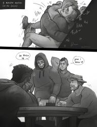 Rule 34 | 4boys, against wall, anal, bara, beard, blush, call of duty, call of duty: modern warfare 2, captain price, closed eyes, cup, english text, facial hair, gaz (call of duty 4), ghost (modern warfare 2), greyscale, hat, highres, holding, holding cup, hood, hood up, hoodie, male focus, mask, monochrome, multiple boys, open mouth, sex, shell (fludderpy), shirt, skull mask, soap (modern warfare 2), underwear around one leg, yaoi