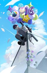 Rule 34 | 1boy, backpack, bag, balloon, bandaged hand, bandages, black bag, black shoes, blue flower, blue sky, closed mouth, cloud, collared shirt, commentary request, contrail, cumulonimbus cloud, day, falling paper, flower, from below, green eyes, grey pants, grey sweater vest, hair between eyes, head rest, highres, kenmochi touya, kenmochi touya (1st costume), looking at viewer, looking down, male focus, morning glory, nijisanji, number balloon, omamori, outdoors, pants, paper, plant, purple flower, purple hair, saw (dtn error), school uniform, shirt, shoes, short hair, short sleeves, sky, smile, solo, squatting, star balloon, sweater vest, vines, virtual youtuber, weapon bag, white shirt, wing collar