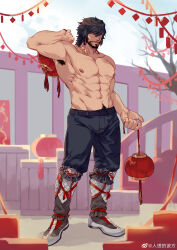 1boy abs absurdres armpit_hair artist_request bara beard belt braid chinese_clothes chinese_new_year facial_hair final_fantasy final_fantasy_xiv full_body highres holding holding_lantern hy_the_highlander lantern large_pectorals light_smile long_hair looking_at_viewer male_focus mature_male medium_hair multiple_braids mustache navel navel_hair nipples obliques pectorals red_theme scar second-party_source shoes solo thick_eyebrows topless_male warrior_of_light_(ff14)