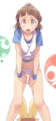1girl arle_nadja bad_id bad_pixiv_id brown_eyes brown_hair carbuncle_(puyopuyo) hayyan highres madou_monogatari navel no_pants open_mouth panties puyopuyo shirt short_hair tank_top underwear wristband