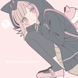 1girl :o backpack bag black_jacket black_thighhighs blush brown_hair danganronpa_(series) danganronpa_2:_goodbye_despair from_side grey_background hood hood_up hooded_jacket jacket komanami_kawaii long_sleeves miniskirt nanami_chiaki pink_bag pink_eyes pink_shoes pleated_skirt shoes simple_background skirt solo spaceship_hair_ornament squatting thighhighs