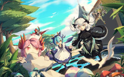 5girls absurdres apron arm_under_breasts black_dress blue_hair blue_kimono boots braid breasts chamber_dragonmaid dragon_girl dragon_horns dragon_tail dragon_wings dress duel_monster eastern_dragon_horns eastern_dragon_tail egg feathered_wings feathers fingerless_gloves frilled_apron frilled_hairband frills gloves green_hair green_thighhighs hair_between_eyes hair_ornament hairband hat hiding high_heels highres horns japanese_clothes kimono kitchen_dragonmaid large_breasts laundry_dragonmaid long_hair long_sleeves looking_at_another maid maid_apron medium_breasts mixed_maids multiple_girls nurse nurse_cap nurse_dragonmaid open_mouth orange_eyes parlor_dragonmaid pink_eyes pink_hair plant red_hair rock short_sleeves sitting smile tail thighhighs tree wa_maid white_apron white_hair wide_sleeves wings wrist_cuffs wucai_banlan_yu yu-gi-oh!
